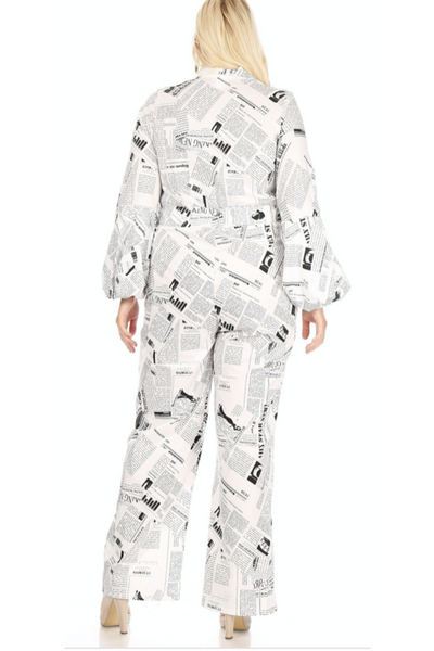 Newspaper jumpsuit with bubble sleeves