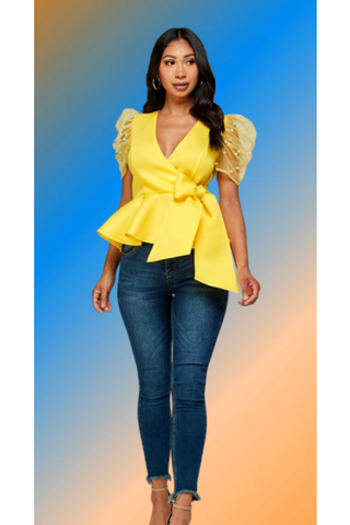 'Brittany' Pearl Organza Sleeves Peplum Top- Yellow